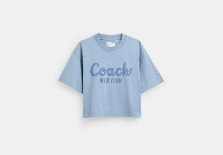 COACH®,CURSIVE SIGNATURE CROPPED T-SHIRT,cotton,Blue,Front View