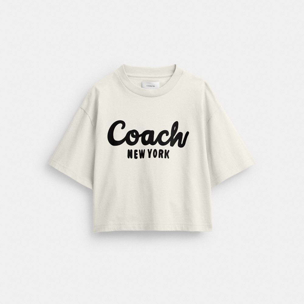 COACH®,CURSIVE SIGNATURE CROPPED T-SHIRT,cotton,Cream,Front View