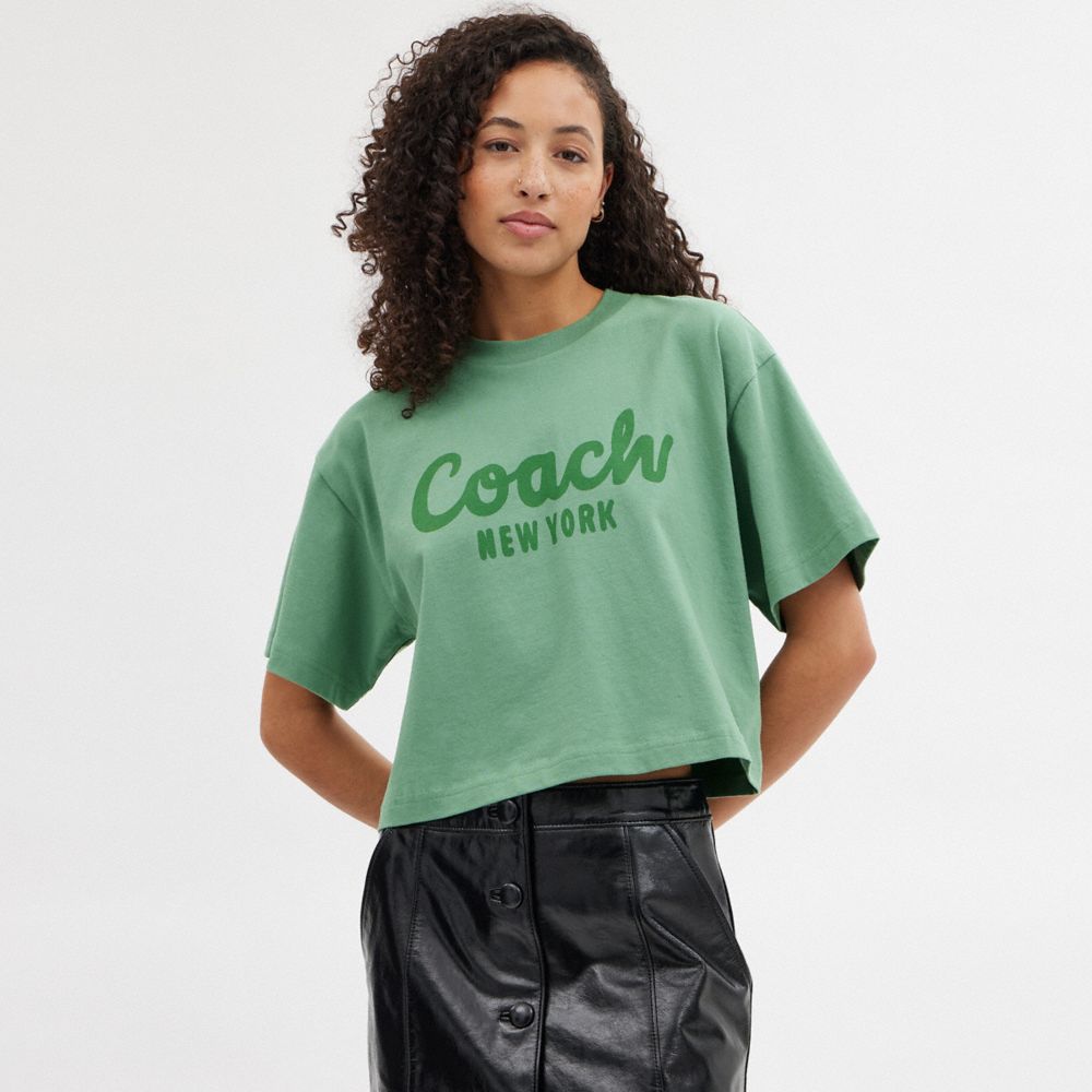 COACH®,CURSIVE SIGNATURE CROPPED T-SHIRT,cotton,Green,Scale View