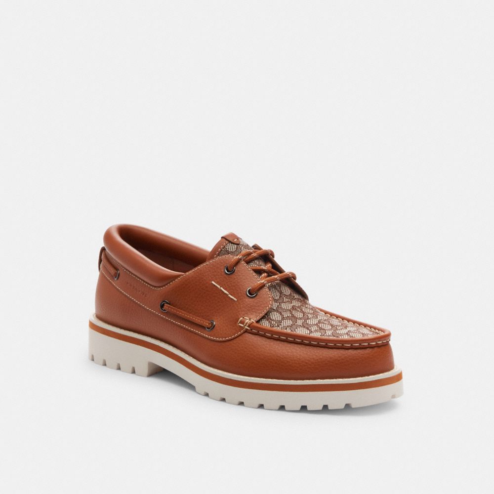 COACH®,BENSON BOAT SHOE IN SIGNATURE JACQUARD,Signature Jacquard,Burnished Amber,Front View image number 0