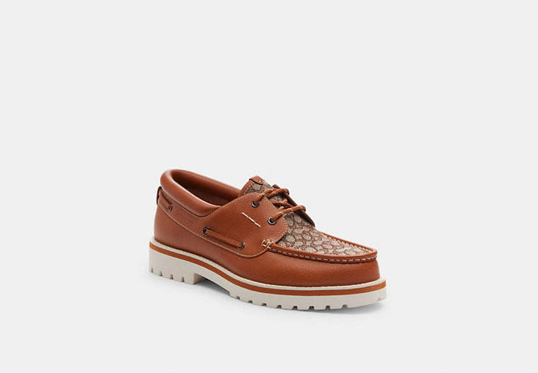 COACH®,BENSON BOAT SHOE IN SIGNATURE JACQUARD,Signature Jacquard,Burnished Amber,Front View image number 0