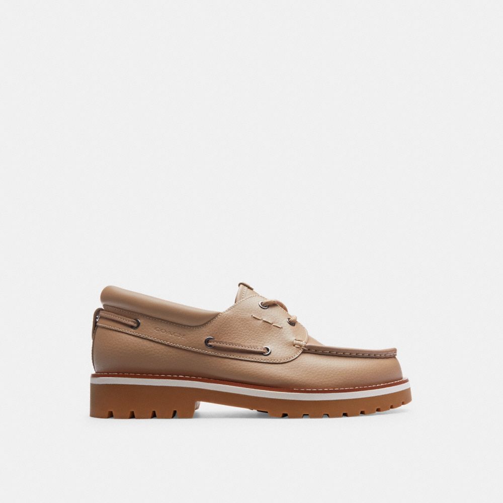 COACH®,BENSON BOAT SHOE,Leather,Taupe,Angle View