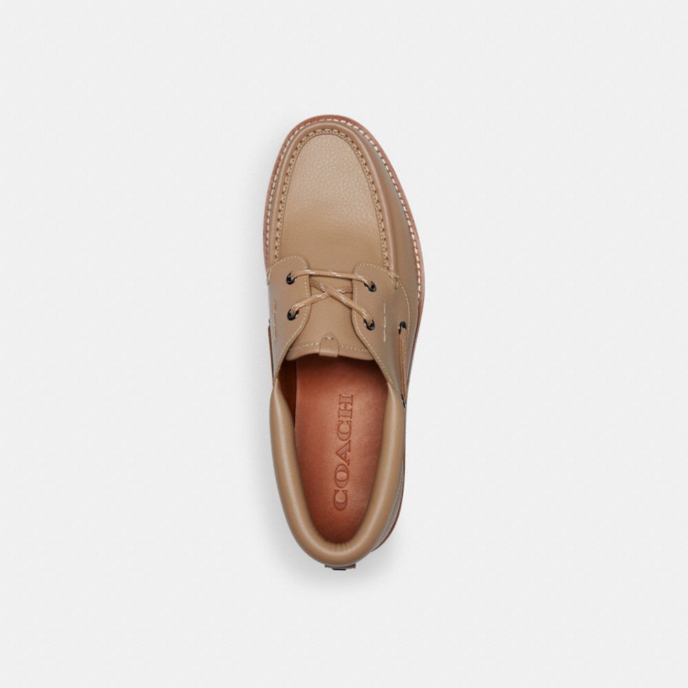 COACH®,Benson Boat Shoe,Rubber,Leather,Boat Shoes,Stitching,Lace Up,Business Casual,Brown,Inside View,Top View