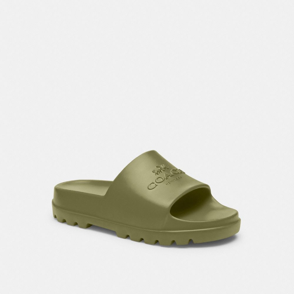 COACH®,Jac Slide,Rubber,Slides,Embossed,Logo,Pool,Olive,Front View