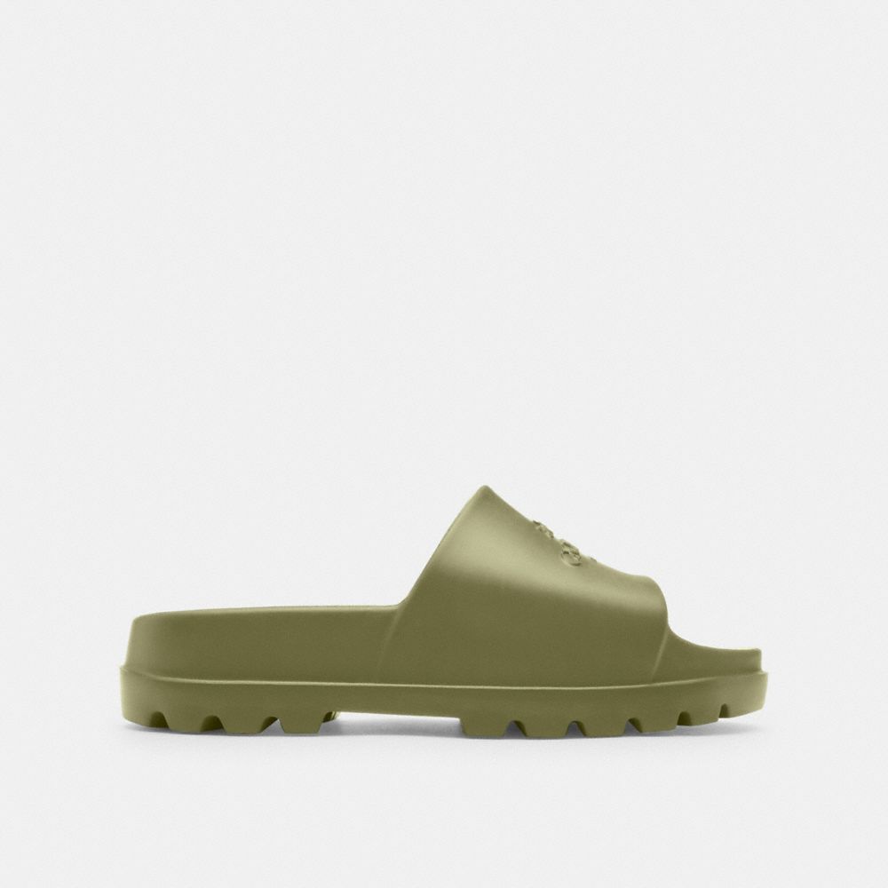 COACH®,Jac Slide,Rubber,Slides,Embossed,Logo,Pool,Olive,Angle View