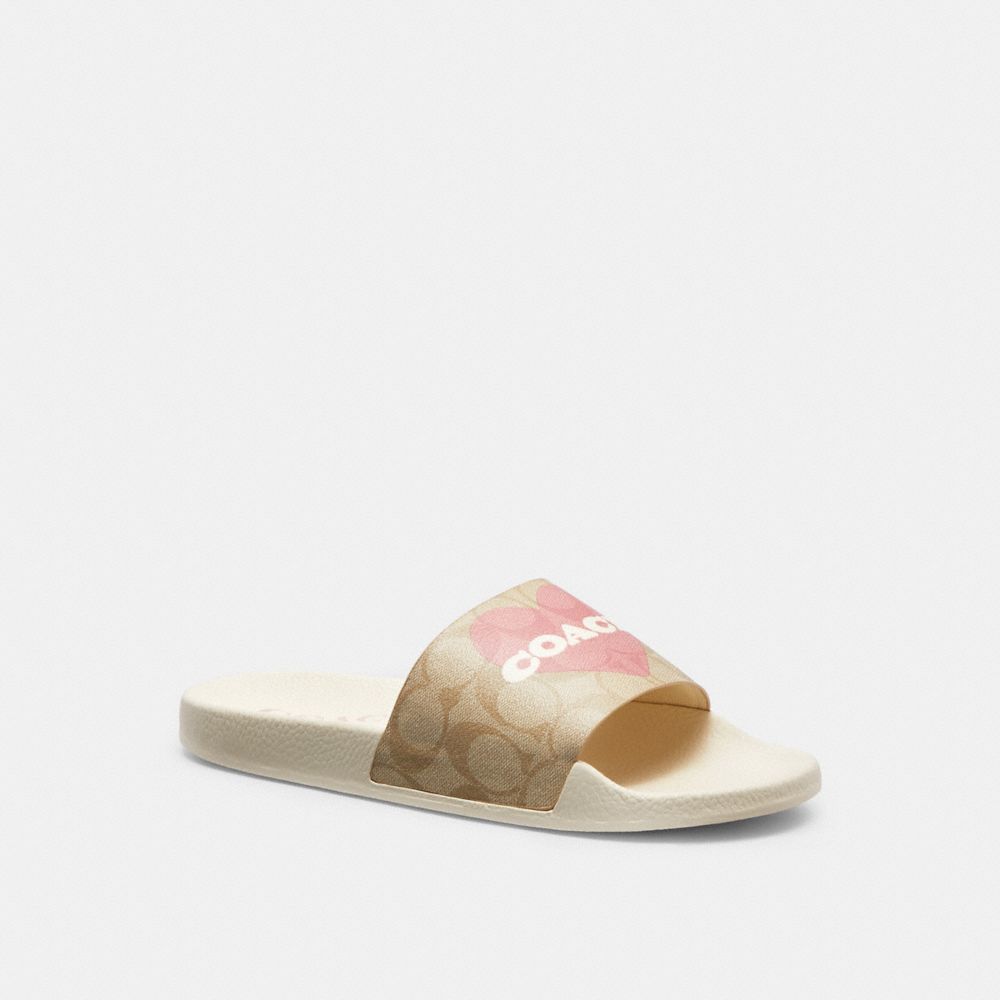 COACH®,ULI SPORT SLIDE IN SIGNATURE CANVAS WITH HEART,Light Khaki/Pink,Front View