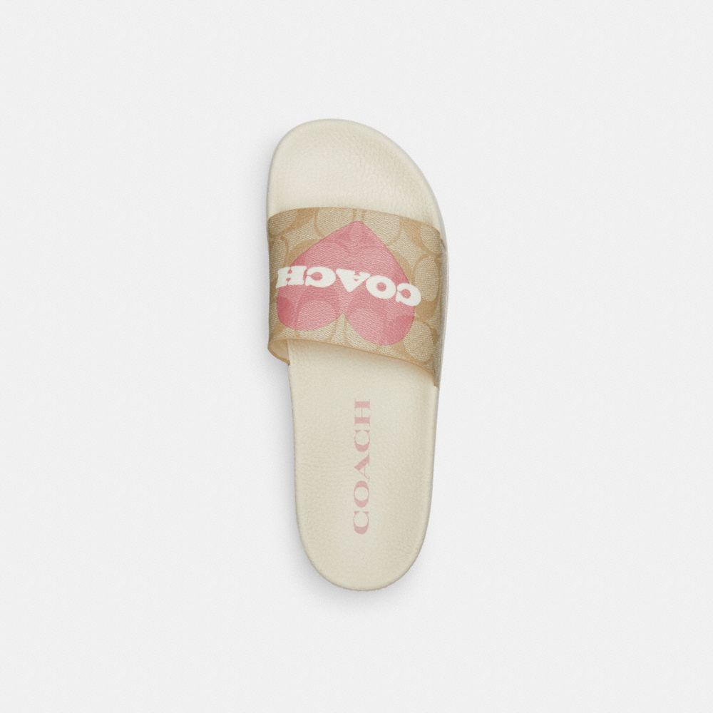 COACH®,Uli Sport Slide In Signature Canvas With Heart,Rubber,Mesh,Lining Mesh,Canvas,Slides,Pull Tab,Flexible,Pool,Casual,Beige,Inside View,Top View