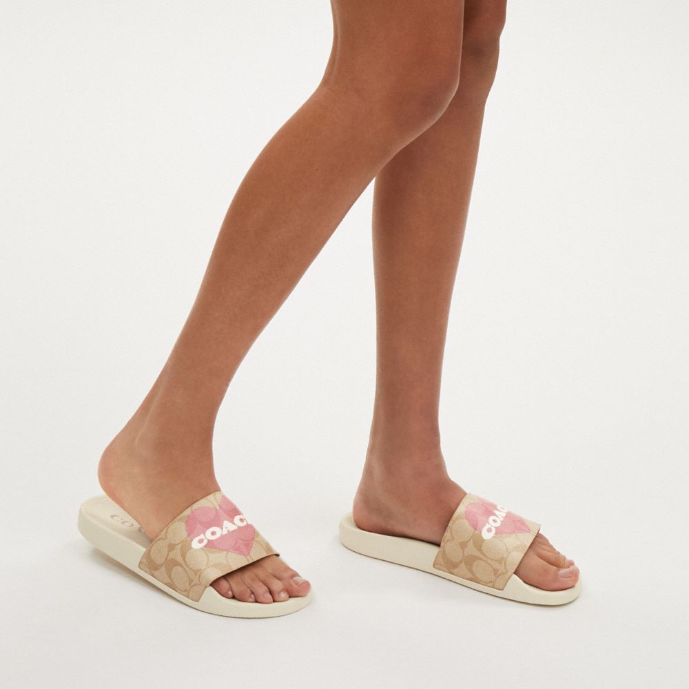 COACH®,Uli Sport Slide In Signature Canvas With Heart,Rubber,Mesh,Lining Mesh,Canvas,Slides,Pull Tab,Flexible,Pool,Casual,Beige,Detail View