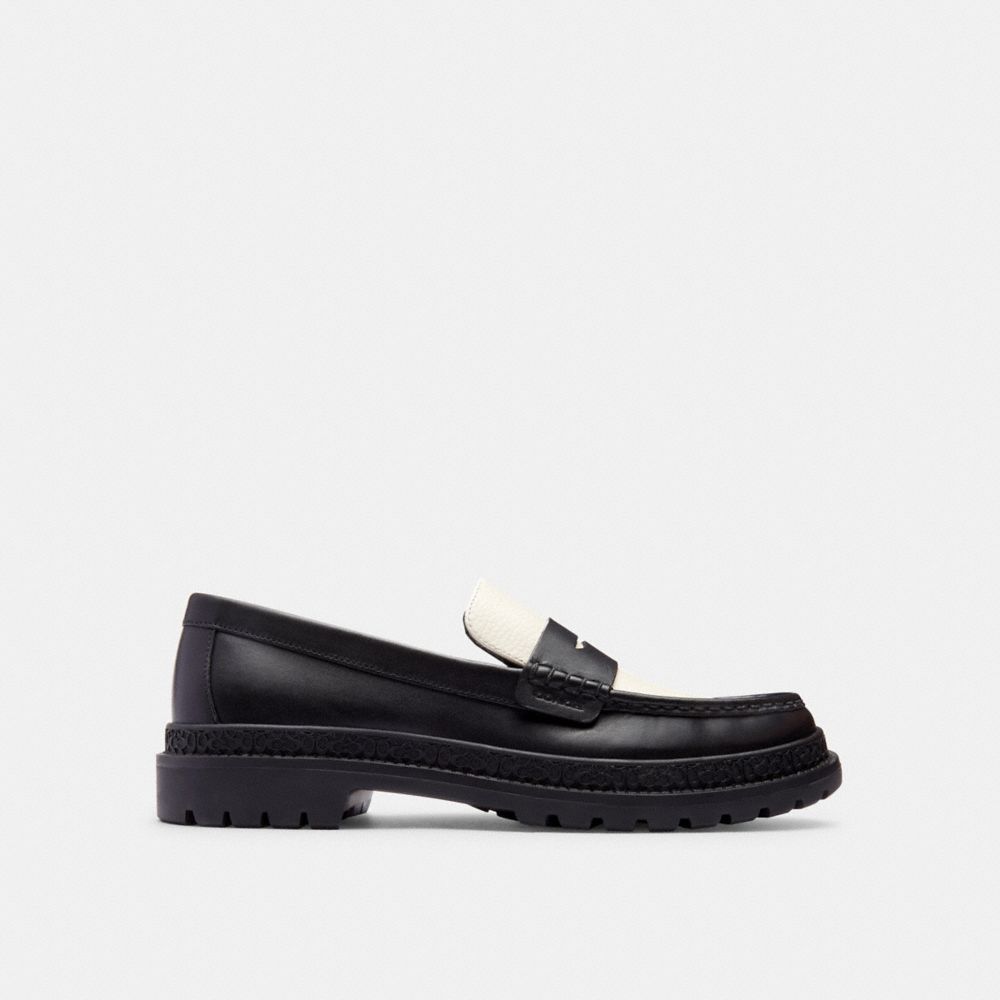 COACH®,Cooper Loafer,Leather,Rubber,Loafer,Penny Loafer,Color Block,Traction,Casual,Work,Black,Angle View