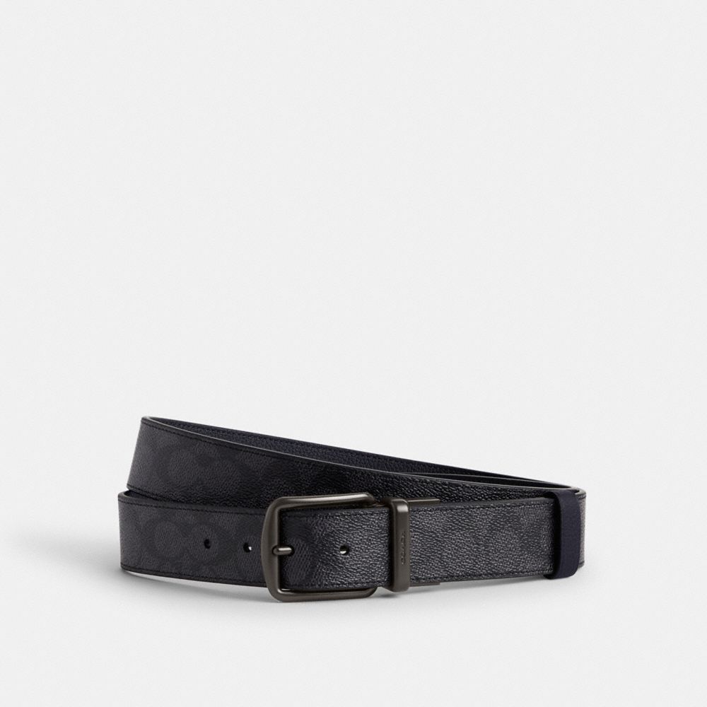 COACH®,BOXED HARNESS AND SIGNATURE BUCKLE CUT-TO-SIZE REVERSIBLE BELT, 38MM,Signature Coated Canvas,Charcoal/Midnight Navy,Front View