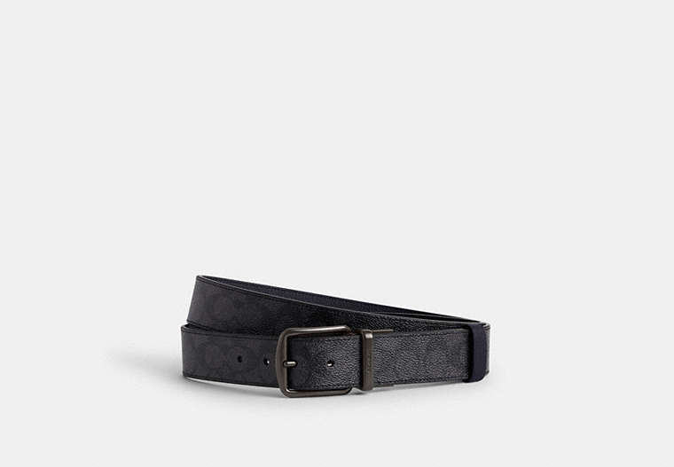 COACH®,BOXED HARNESS AND SIGNATURE BUCKLE CUT-TO-SIZE REVERSIBLE BELT, 38MM,Signature Coated Canvas,Small,Charcoal/Midnight Navy,Front View