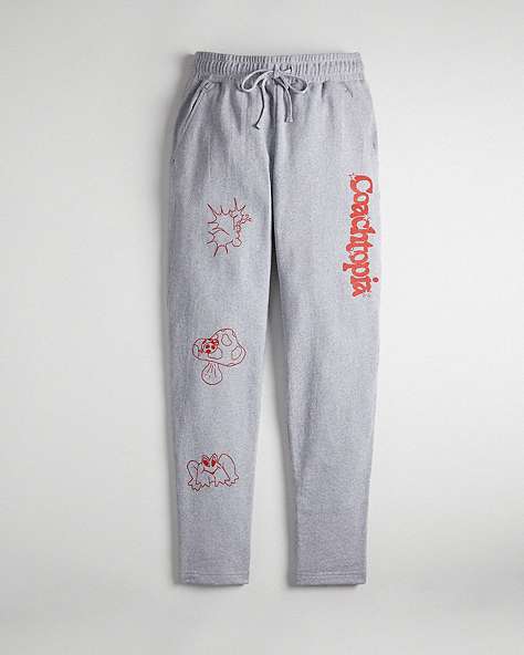 COACH®,Graphic Jogger Pants in 93% Recycled Cotton ,94% Recycled Cotton, 4% Recycled Viscose, 2% Recycled Poly,Grey Multi.,Front View