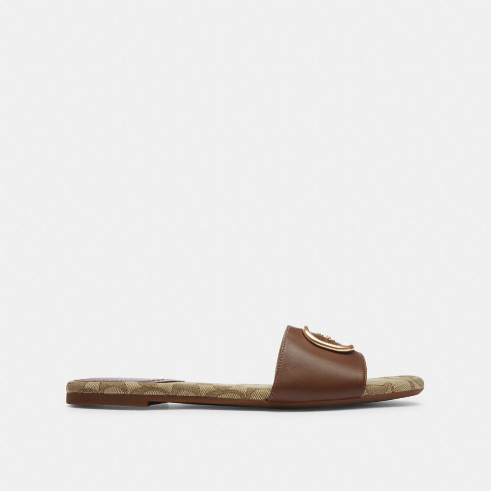 COACH®,EVY SANDAL IN SIGNATURE JACQUARD,Saddle/Khaki,Angle View