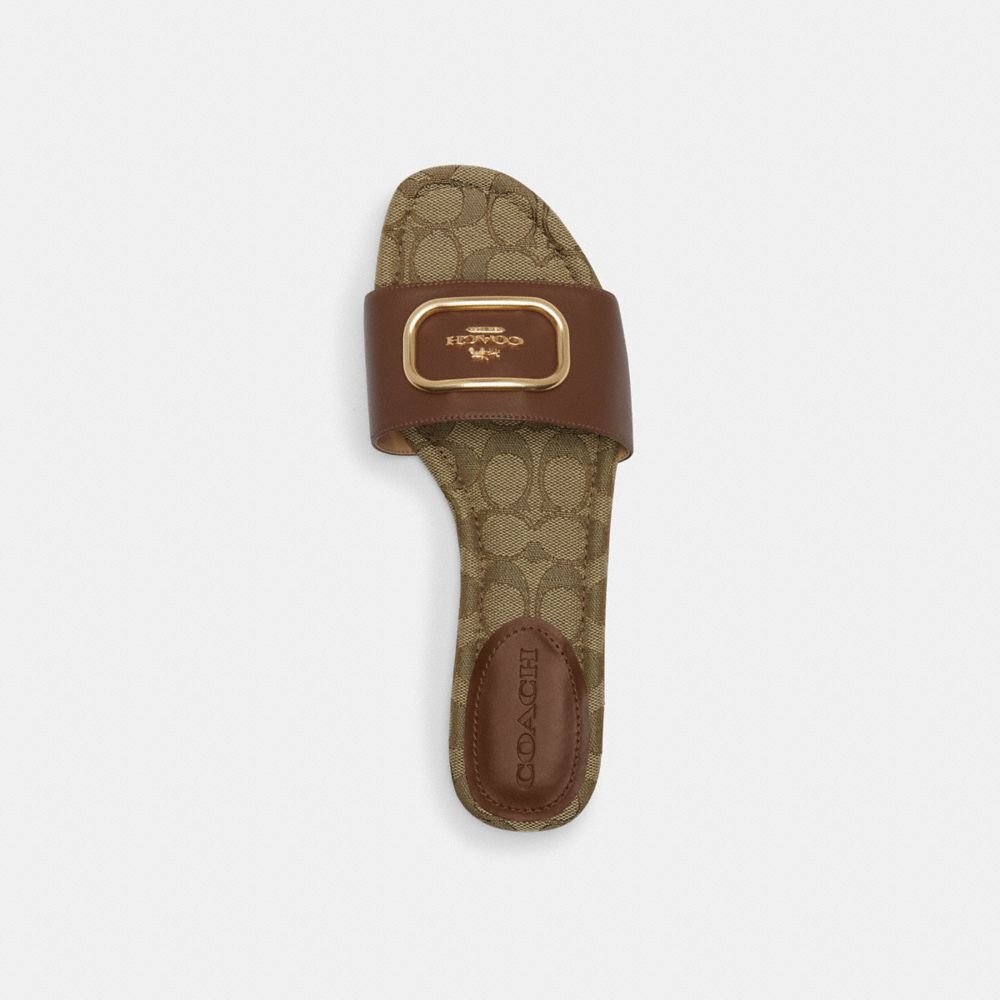 COACH®,Evy Sandal In Signature Jacquard,Leather,Rubber,Slides,Metal,Logo,Gold Metal,Casual,Brown,Inside View,Top View