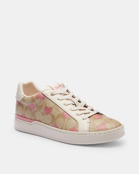COACH®,CLIP LOW TOP SNEAKER IN SIGNATURE CANVAS WITH HEARTS,canvas,Light Khaki/Pink,Front View