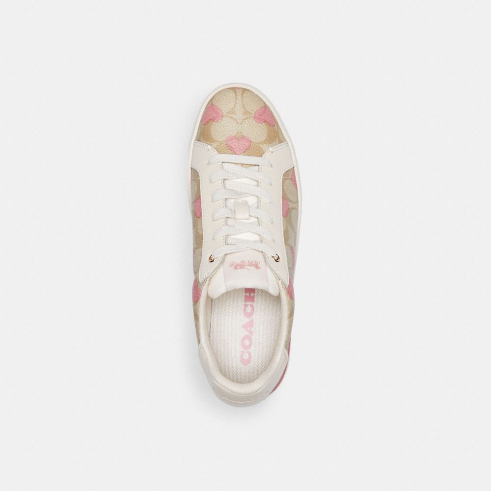 COACH®,CLIP LOW TOP SNEAKER IN SIGNATURE CANVAS WITH HEARTS,Light Khaki/Pink,Inside View,Top View
