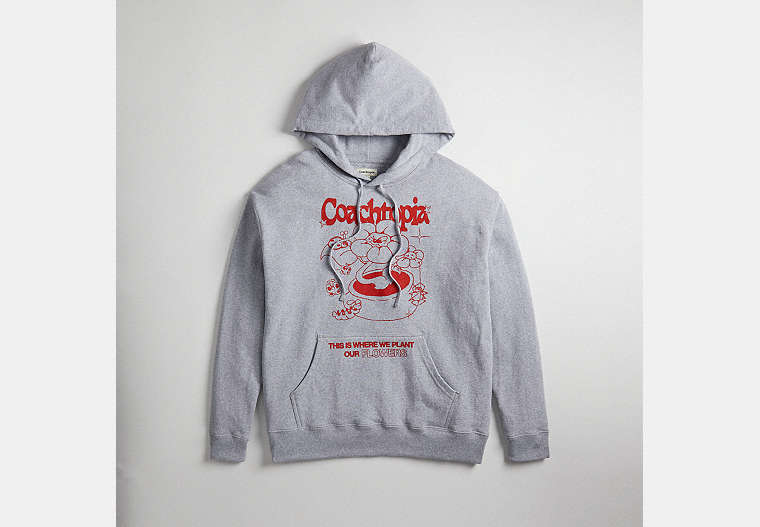 COACH®,Hoodie in 94% Recycled Cotton: Flower Pot,94% Recycled Cotton, 4% Recycled Viscose, 2% Recycled Poly,Grey Multi.,Front View