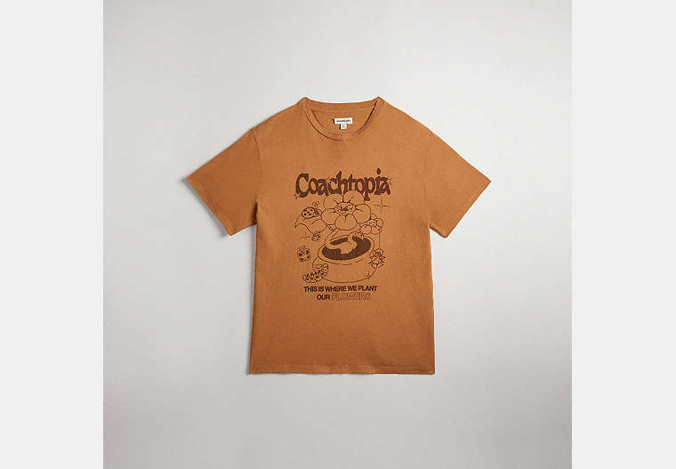 COACH®,Relaxed T-Shirt in 97% Recycled Cotton: Flower Pot,97% Recycled Cotton, 3% Recycled Poly,Camel,Front View