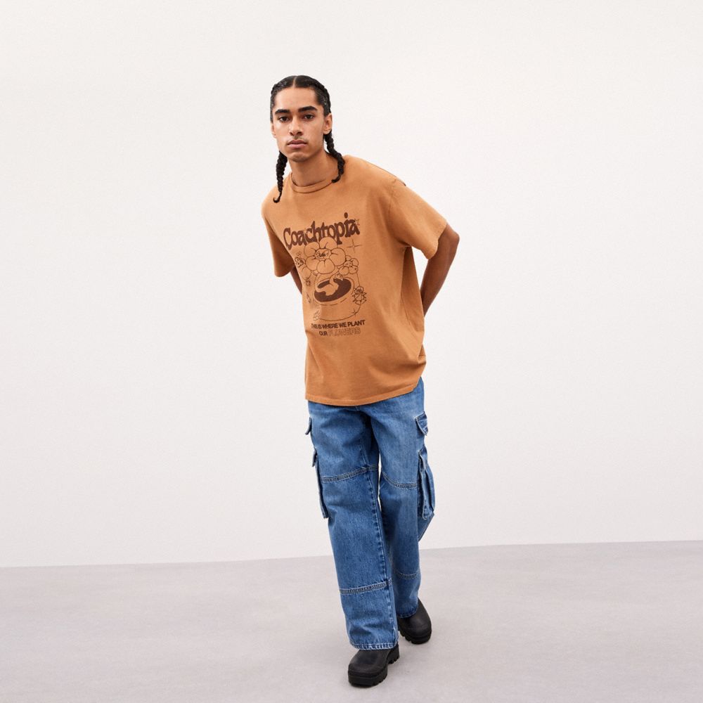 COACH®,Relaxed T Shirt With Flower Pot Print,Cotton,Recycled Cotton,T Shirt,Sustainable,Eco-Friendly,Casual,Brown,Scale View