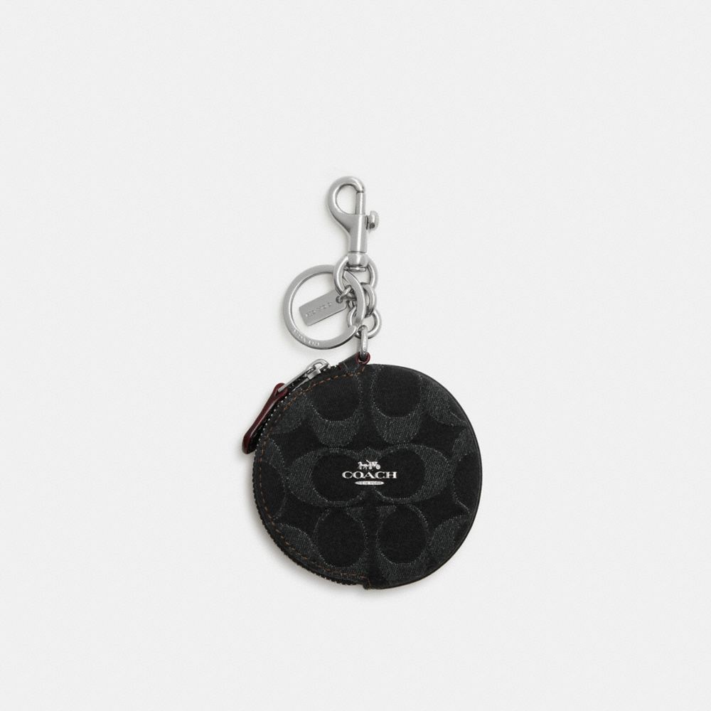 COACH®,CIRCULAR COIN POUCH IN SIGNATURE DENIM,Mini,Silver/Black,Front View