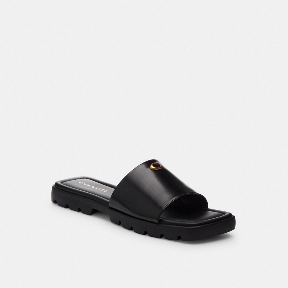 COACH®,Florence Sandal,Leather,Lining Leather,Slides,Metal,Logo,Cushioned,Casual,Black,Front View