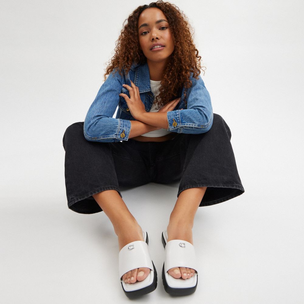 COACH®,Florence Sandal,Lining Leather,Leather,Slides,Metal,Logo,Cushioned,Casual,White,Detail View