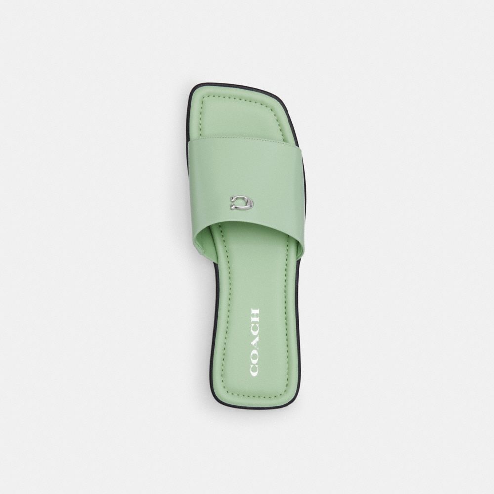 COACH®,Florence Sandal,Rubber,Leather,Slides,Sandals,Metal,Logo,Cushioned,Casual,Pool,Green,Inside View,Top View