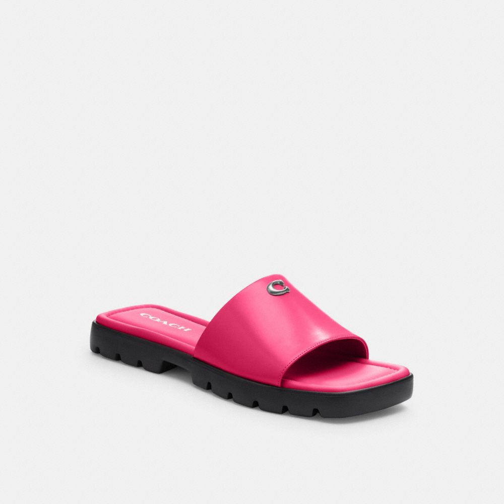 COACH®,Florence Sandal,Lining Leather,Leather,Slides,Metal,Logo,Cushioned,Casual,Fuchsia,Front View