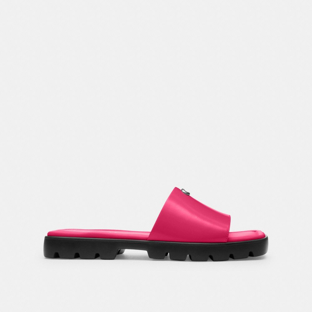 COACH®,Florence Sandal,Lining Leather,Leather,Slides,Metal,Logo,Cushioned,Casual,Fuchsia,Angle View