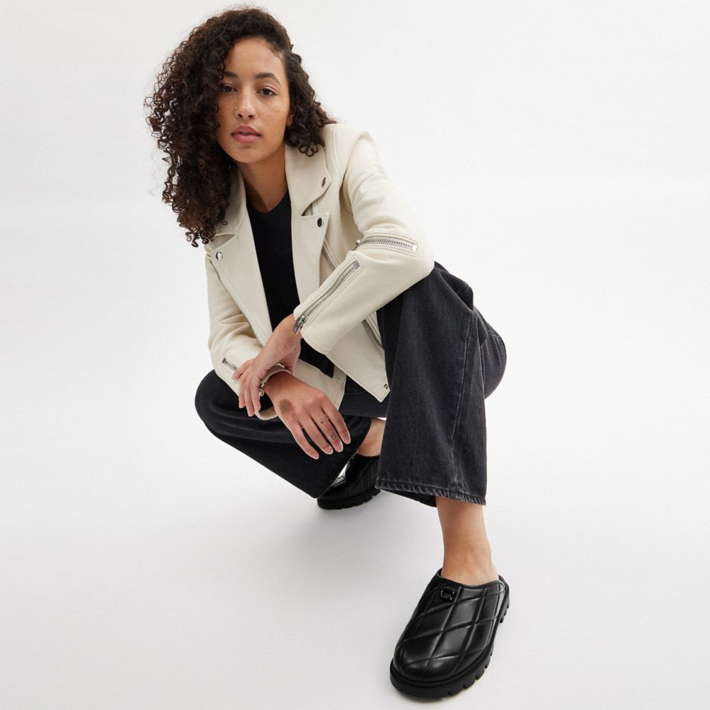 COACH®,Alyssa Clog With Quilting,Lining Leather,Leather,Rubber,Flats,Mules,Logo,Cushioned,Casual,Black,Detail View
