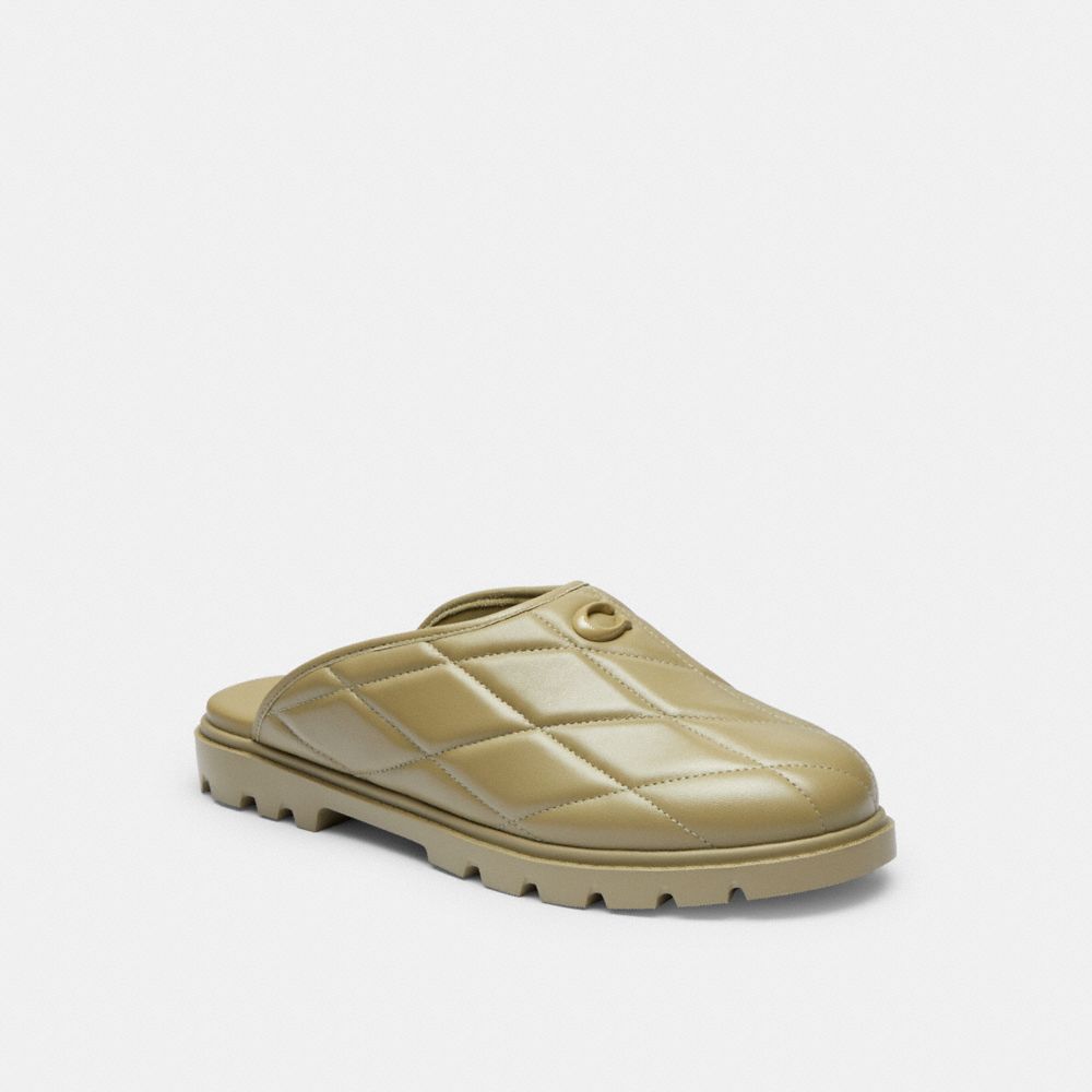 COACH®,Alyssa Clog With Quilting,Lining Leather,Leather,Rubber,Flats,Mules,Logo,Cushioned,Casual,Olive,Front View