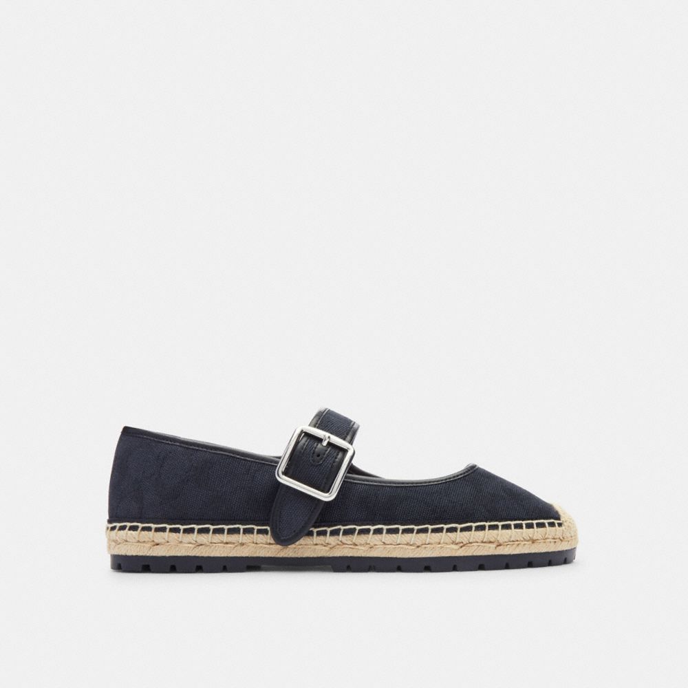 COACH®,Courtney Espadrille In Signature Canvas,Rubber,Espadrilles,Flats,Leather Embellishment,Pull Tab,Casual,Black,Angle View