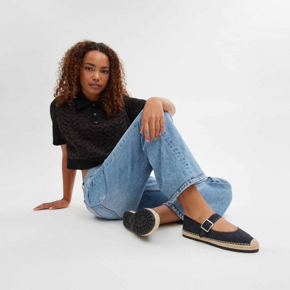 COACH®,Courtney Espadrille In Signature Canvas,Rubber,Espadrilles,Flats,Leather Embellishment,Pull Tab,Casual,Black,Detail View