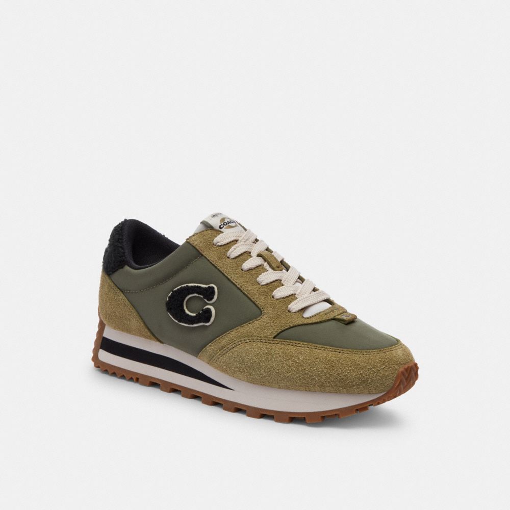 COACH®,RUNNER SNEAKER,Suede,Moss/Army Green,Front View