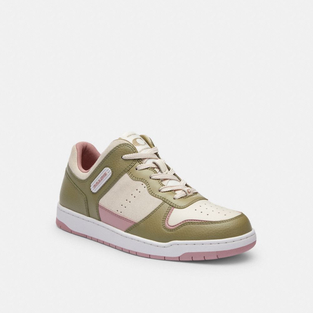 COACH®,C201 LOW TOP SNEAKER,Leather,Moss/Light Rose,Front View