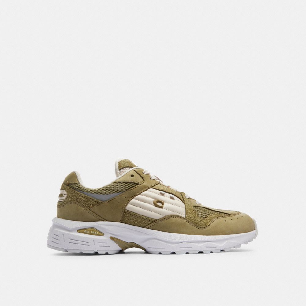COACH®,C301 Sneaker,Suede,Leather,Mesh,Casual,Logo,Color Block,Perforated,Quilted,Mixed Media,Metal,Traction,Casual,Olive,Angle View