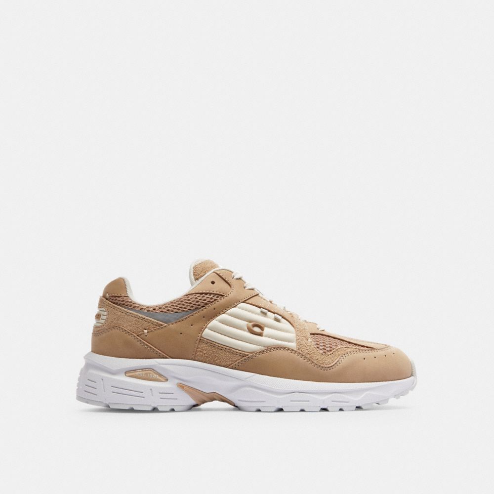 COACH®,C301 Sneaker,Suede,Leather,Mesh,Casual,Logo,Color Block,Perforated,Quilted,Mixed Media,Metal,Traction,Casual,Beige,Angle View