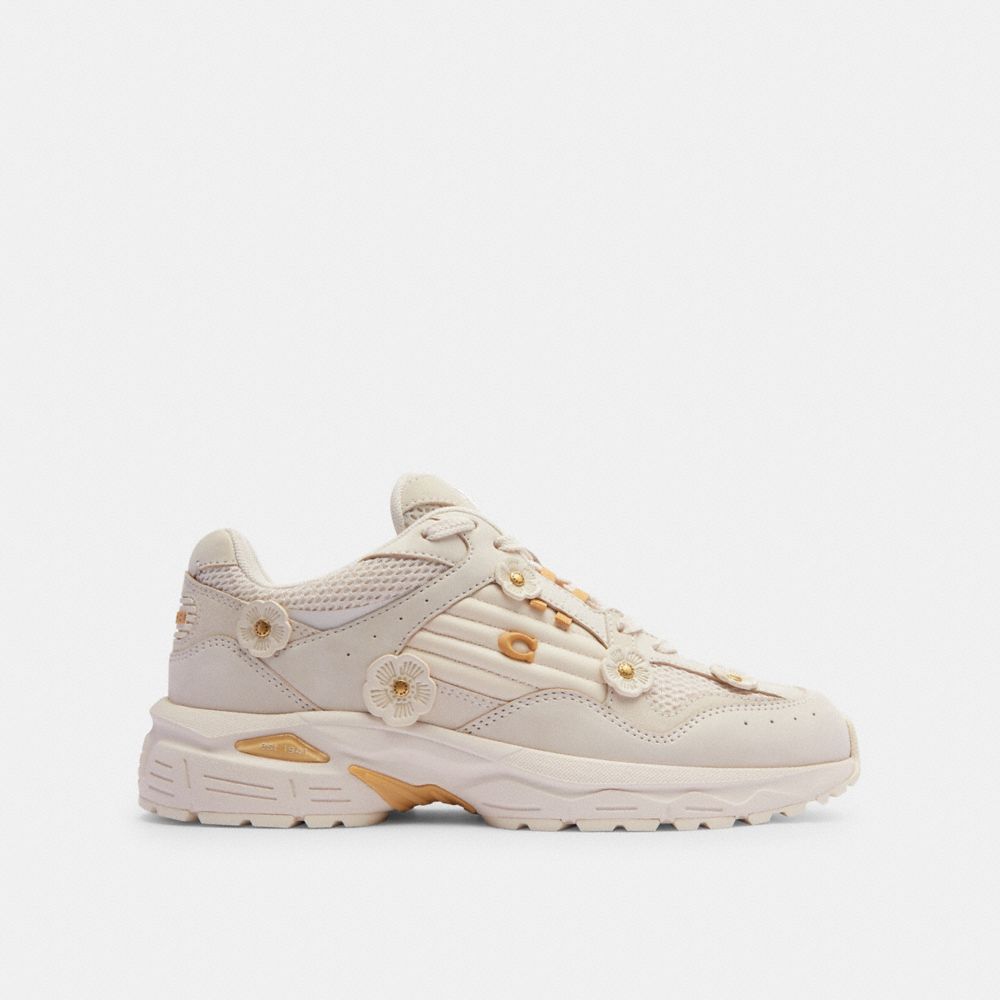 COACH®,C301 Sneaker With Tea Rose,Rubber,Mesh,Suede,Casual,Fabric,Logo,Applique,Mesh,Color Block,Perforated,Quilted,Pull T...,Cream,Angle View