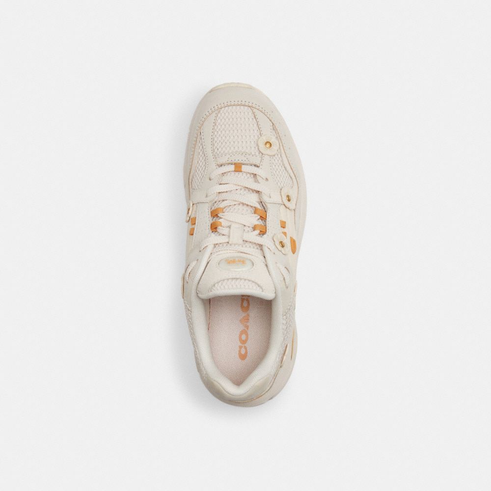 COACH®,C301 Sneaker With Tea Rose,Rubber,Mesh,Suede,Casual,Fabric,Logo,Applique,Mesh,Color Block,Perforated,Quilted,Pull T...,Cream,Inside View,Top View