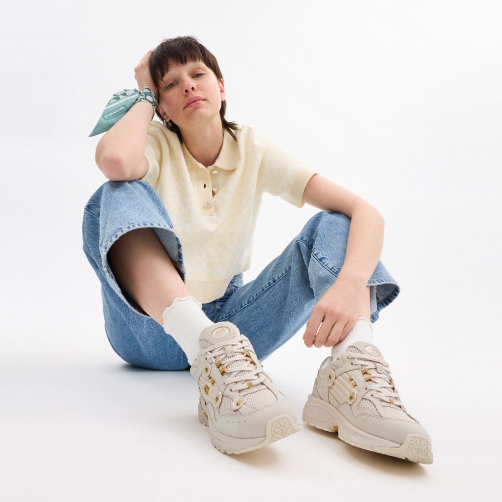 COACH®,C301 Sneaker With Tea Rose,Rubber,Mesh,Suede,Casual,Fabric,Logo,Applique,Mesh,Color Block,Perforated,Quilted,Pull T...,Cream,Detail View