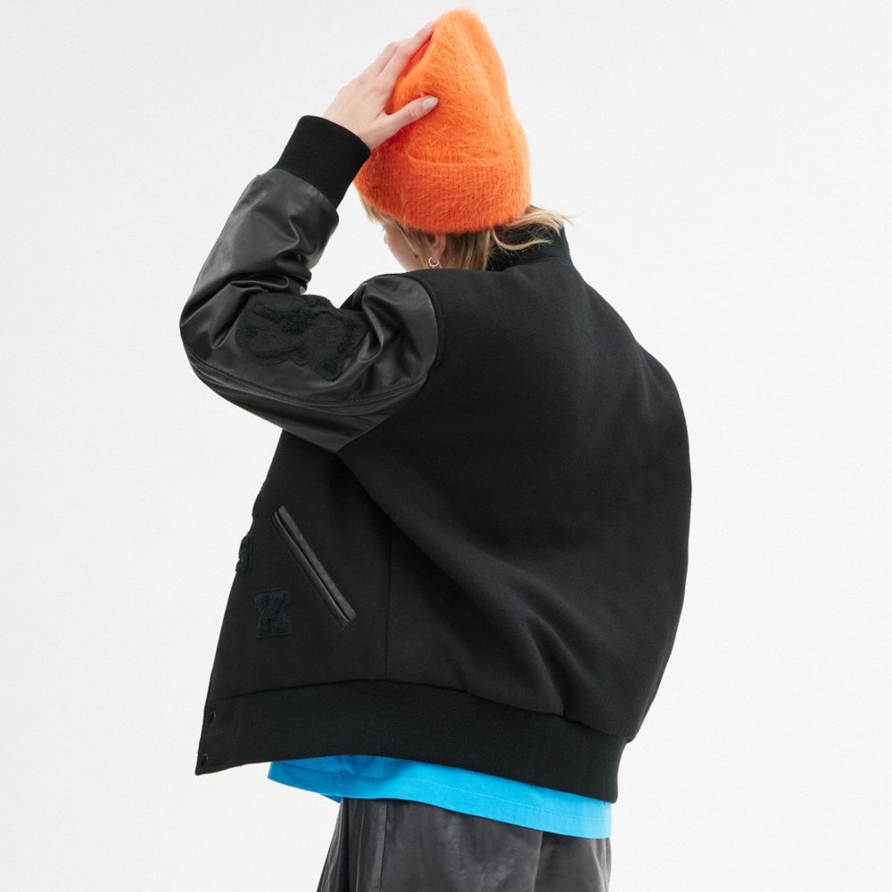 COACH®,The Lil Nas X Drop Varsity Jacket,Wool,Polyester,Viscose,Acrylic,Spandex,Leather,Bomber,Applique,Casual,Black,Scale View