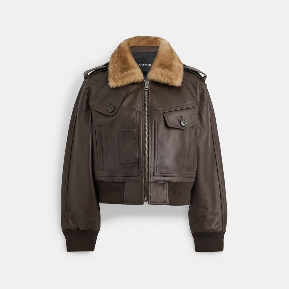 COACH®,CROPPED LEATHER JACKET,Brown,Front View