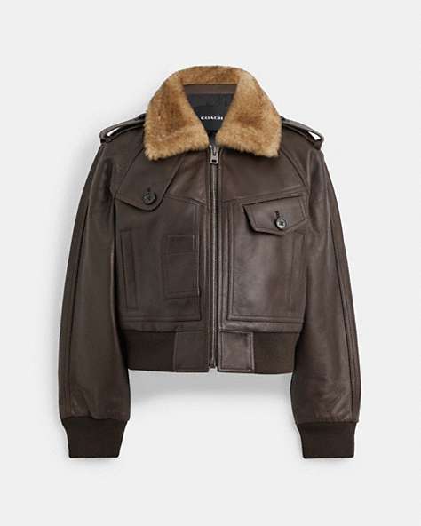 COACH®,CROPPED LEATHER JACKET,Leather,Brown,Front View