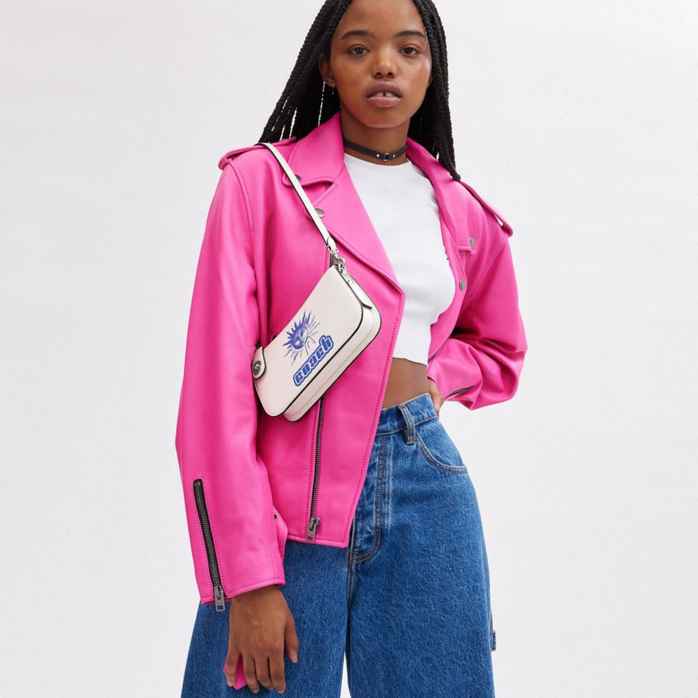 COACH®,The Lil Nas X Drop Penn Shoulder Bag,Calfskin Leather,Lining Leather,Shoulder Bag,Graphic,Logo,Silver Metal,Day Party,White,Detail View