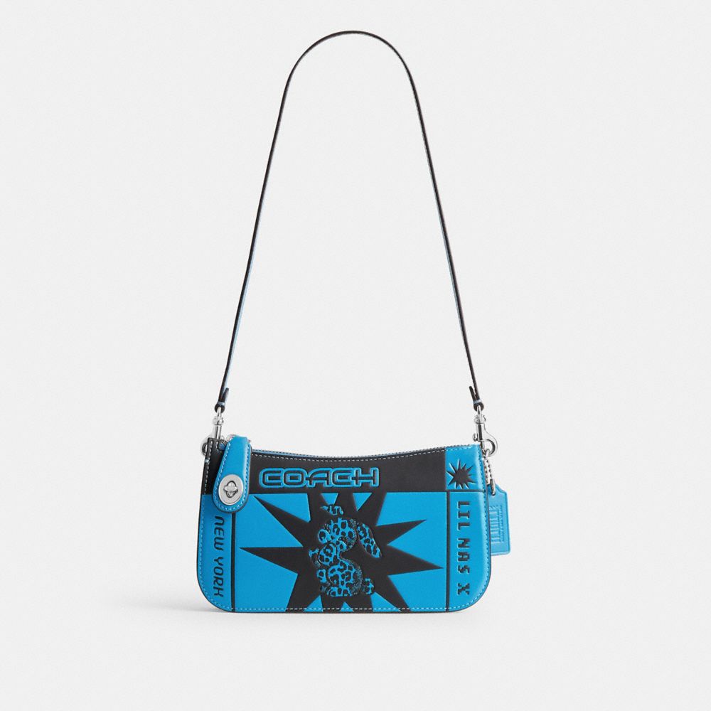 COACH®,THE LIL NAS X DROP PENN SHOULDER BAG,Luxe Refined Calf Leather,Mini,Silver/Silver/Bunny Flyer Montero Blue,Front View