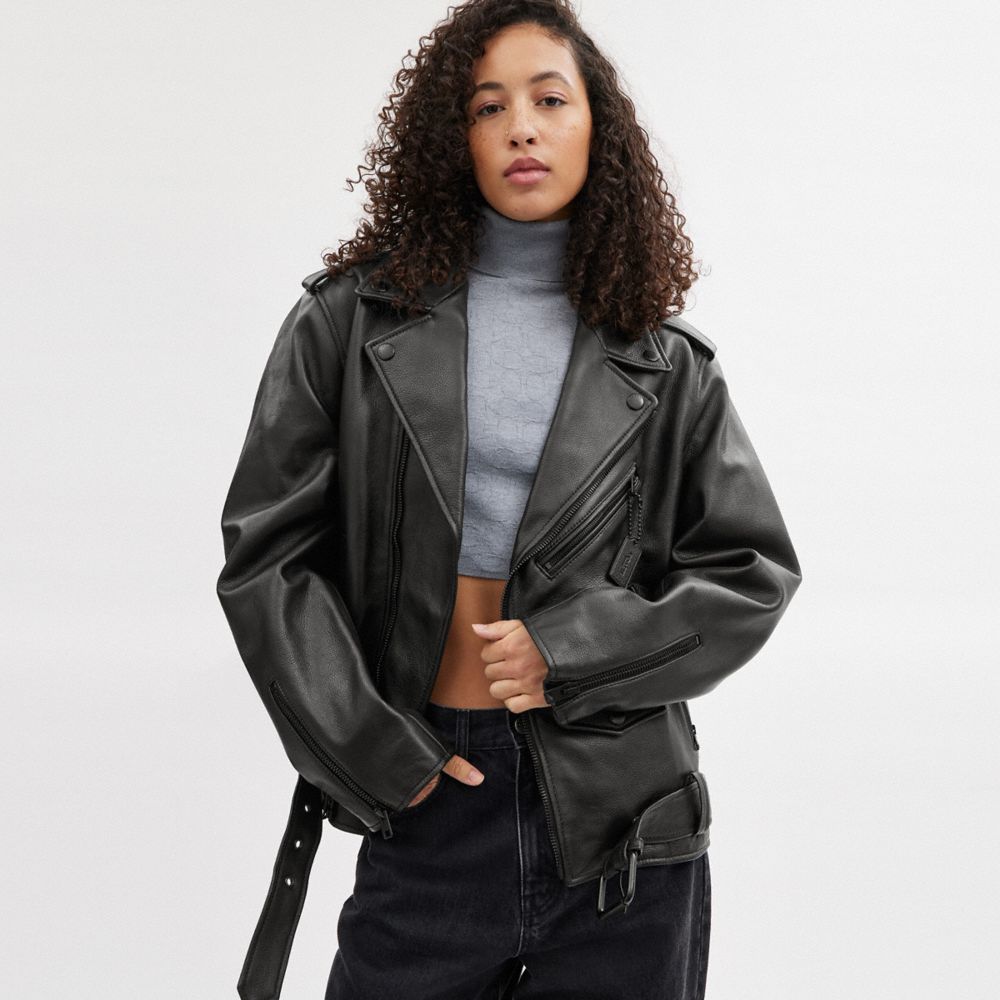 COACH®,Moto Jacket,Leather,Polyester,Viscose,Leather,Button,Zipper,Casual,Black,Scale View
