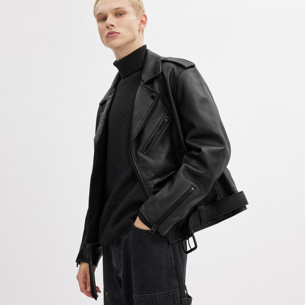 COACH®,Moto Jacket,Leather,Polyester,Viscose,Leather,Button,Zipper,Casual,Black,Detail View
