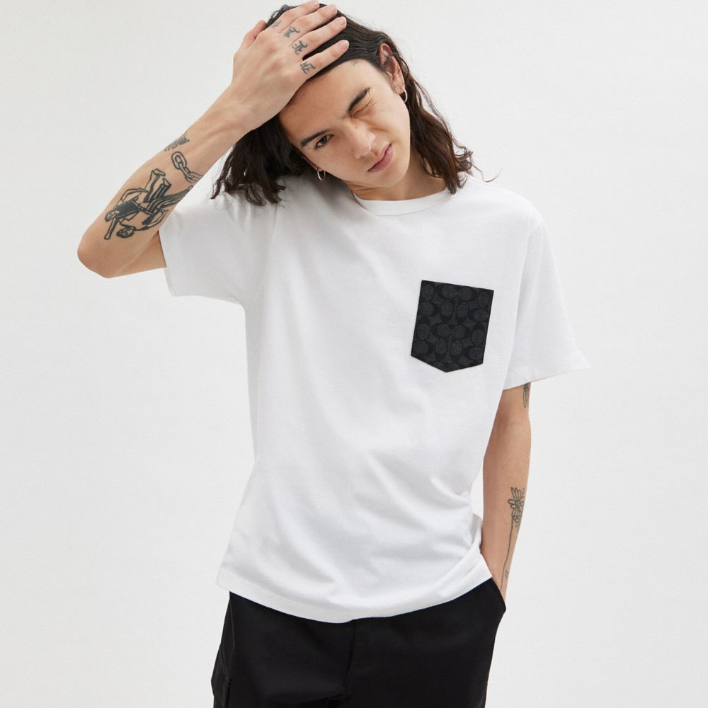 COACH®,ESSENTIAL POCKET T-SHIRT,cotton,White/Charcoal Signature,Scale View