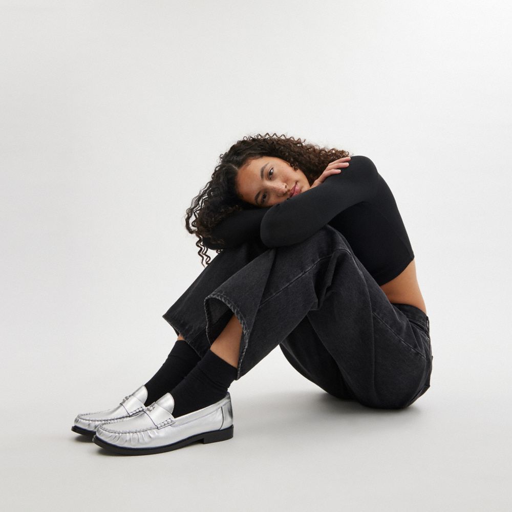 COACH®,Jolene Loafer,Leather,Flats,Loafer,Logo,Metal,Penny Loafer,Day Party,Metallic,Silver,Detail View