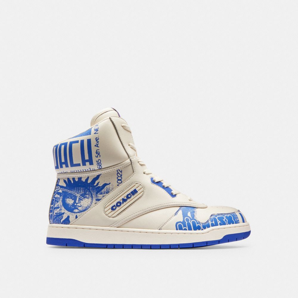 COACH®,THE LIL NAS X DROP C202 HIGH TOP SNEAKER,Leather,Chalk/Blue,Angle View